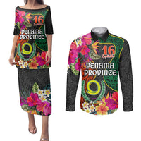 Personalised Penama Day Couples Matching Puletasi Dress and Long Sleeve Button Shirts Proud To Be A Ni-Van Beauty Pacific Flower LT03 Black - Polynesian Pride