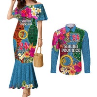 Personalised Sanma Day Couples Matching Mermaid Dress and Long Sleeve Button Shirts Proud To Be A Ni-Van Beauty Pacific Flower LT03 Blue - Polynesian Pride