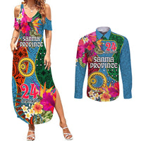 Personalised Sanma Day Couples Matching Summer Maxi Dress and Long Sleeve Button Shirts Proud To Be A Ni-Van Beauty Pacific Flower LT03 Blue - Polynesian Pride