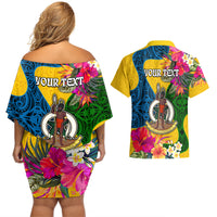 Personalised Malampa Day Couples Matching Off Shoulder Short Dress and Hawaiian Shirt Proud To Be A Ni-Van Beauty Pacific Flower LT03 - Polynesian Pride
