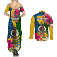 Personalised Malampa Day Couples Matching Summer Maxi Dress and Long Sleeve Button Shirts Proud To Be A Ni-Van Beauty Pacific Flower LT03 - Polynesian Pride