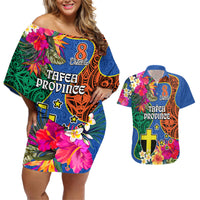 Tafea Day Couples Matching Off Shoulder Short Dress and Hawaiian Shirt Proud To Be A Ni-Van Beauty Pacific Flower LT03 Blue - Polynesian Pride