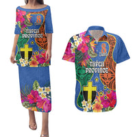 Personalised Tafea Day Couples Matching Puletasi Dress and Hawaiian Shirt Proud To Be A Ni-Van Beauty Pacific Flower LT03 Blue - Polynesian Pride