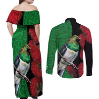 New Zealand Kereru And Pohutukawa Couples Matching Off Shoulder Maxi Dress and Long Sleeve Button Shirt Maori Tribal Tattoo LT03 - Polynesian Pride
