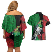 New Zealand Kereru And Pohutukawa Couples Matching Off Shoulder Short Dress and Hawaiian Shirt Maori Tribal Tattoo LT03 - Polynesian Pride