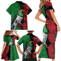 New Zealand Kereru And Pohutukawa Family Matching Short Sleeve Bodycon Dress and Hawaiian Shirt Maori Tribal Tattoo LT03 - Polynesian Pride