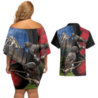 New Zealand Kea And Pohutukawa Couples Matching Off Shoulder Short Dress and Hawaiian Shirt With The Mountain Landscape LT03 - Polynesian Pride