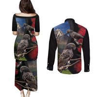 New Zealand Kea And Pohutukawa Couples Matching Puletasi and Long Sleeve Button Shirt With The Mountain Landscape LT03 - Polynesian Pride