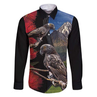 New Zealand Kea And Pohutukawa Family Matching Long Sleeve Bodycon Dress and Hawaiian Shirt With The Mountain Landscape LT03 Dad's Shirt - Long Sleeve Black - Polynesian Pride