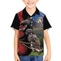 New Zealand Kea And Pohutukawa Family Matching Long Sleeve Bodycon Dress and Hawaiian Shirt With The Mountain Landscape LT03 Son's Shirt Black - Polynesian Pride