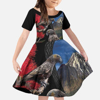 New Zealand Kea And Pohutukawa Family Matching Off Shoulder Maxi Dress and Hawaiian Shirt With The Mountain Landscape LT03 Daughter's Dress Black - Polynesian Pride
