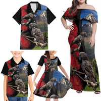New Zealand Kea And Pohutukawa Family Matching Off Shoulder Maxi Dress and Hawaiian Shirt With The Mountain Landscape LT03 - Polynesian Pride