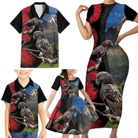 New Zealand Kea And Pohutukawa Family Matching Short Sleeve Bodycon Dress and Hawaiian Shirt With The Mountain Landscape LT03 - Polynesian Pride