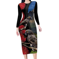 New Zealand Kea And Pohutukawa Long Sleeve Bodycon Dress With The Mountain Landscape LT03 Long Dress Black - Polynesian Pride