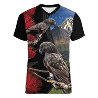 New Zealand Kea And Pohutukawa Women V-Neck T-Shirt With The Mountain Landscape LT03 Female Black - Polynesian Pride