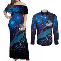 New Zealand Tui Bird Couples Matching Off Shoulder Maxi Dress and Long Sleeve Button Shirt The Pleiades Star Cluster and Koru Tribal Tattoo Galaxy Vibe LT03 Blue - Polynesian Pride
