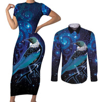 New Zealand Tui Bird Couples Matching Short Sleeve Bodycon Dress and Long Sleeve Button Shirt The Pleiades Star Cluster and Koru Tribal Tattoo Galaxy Vibe LT03 Blue - Polynesian Pride
