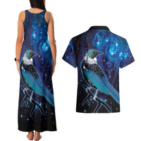 New Zealand Tui Bird Couples Matching Tank Maxi Dress and Hawaiian Shirt The Pleiades Star Cluster and Koru Tribal Tattoo Galaxy Vibe LT03 - Polynesian Pride
