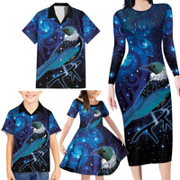 New Zealand Tui Bird Family Matching Long Sleeve Bodycon Dress and Hawaiian Shirt The Pleiades Star Cluster and Koru Tribal Tattoo Galaxy Vibe LT03 - Polynesian Pride