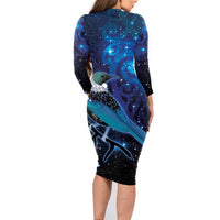 New Zealand Tui Bird Family Matching Long Sleeve Bodycon Dress and Hawaiian Shirt The Pleiades Star Cluster and Koru Tribal Tattoo Galaxy Vibe LT03 - Polynesian Pride