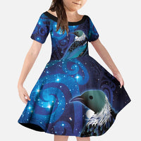 New Zealand Tui Bird Family Matching Mermaid Dress and Hawaiian Shirt The Pleiades Star Cluster and Koru Tribal Tattoo Galaxy Vibe LT03 Daughter's Dress Blue - Polynesian Pride