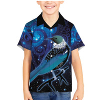 New Zealand Tui Bird Family Matching Mermaid Dress and Hawaiian Shirt The Pleiades Star Cluster and Koru Tribal Tattoo Galaxy Vibe LT03 Son's Shirt Blue - Polynesian Pride