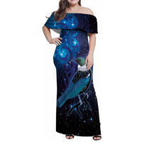 New Zealand Tui Bird Family Matching Off Shoulder Maxi Dress and Hawaiian Shirt The Pleiades Star Cluster and Koru Tribal Tattoo Galaxy Vibe LT03 Mom's Dress Blue - Polynesian Pride