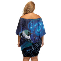 New Zealand Tui Bird Family Matching Off Shoulder Short Dress and Hawaiian Shirt The Pleiades Star Cluster and Koru Tribal Tattoo Galaxy Vibe