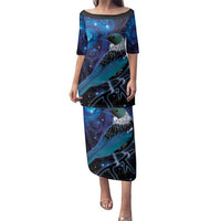 New Zealand Tui Bird Family Matching Puletasi and Hawaiian Shirt The Pleiades Star Cluster and Koru Tribal Tattoo Galaxy Vibe LT03 Mom's Dress Blue - Polynesian Pride