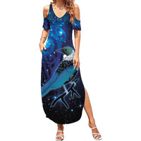New Zealand Tui Bird Family Matching Summer Maxi Dress and Hawaiian Shirt The Pleiades Star Cluster and Koru Tribal Tattoo Galaxy Vibe
