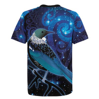 New Zealand Tui Bird Rugby Jersey The Pleiades Star Cluster and Koru Tribal Tattoo Galaxy Vibe