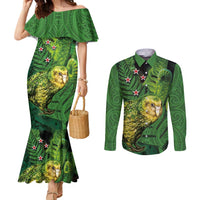 New Zealand Kkp Couples Matching Mermaid Dress and Long Sleeve Button Shirt Silver Fern with Close up of Green Fern Leaves and Maori Tattoo LT03 Green - Polynesian Pride