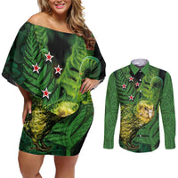 New Zealand Kkp Couples Matching Off Shoulder Short Dress and Long Sleeve Button Shirt Silver Fern with Close up of Green Fern Leaves and Maori Tattoo LT03 Green - Polynesian Pride