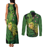 New Zealand Kkp Couples Matching Tank Maxi Dress and Long Sleeve Button Shirt Silver Fern with Close up of Green Fern Leaves and Maori Tattoo LT03 - Polynesian Pride
