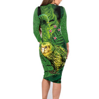 New Zealand Kkp Family Matching Long Sleeve Bodycon Dress and Hawaiian Shirt Silver Fern with Close up of Green Fern Leaves and Maori Tattoo LT03 - Polynesian Pride