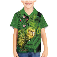 New Zealand Kkp Family Matching Mermaid Dress and Hawaiian Shirt Silver Fern with Close up of Green Fern Leaves and Maori Tattoo LT03 Son's Shirt Green - Polynesian Pride