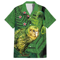 New Zealand Kākāpō Family Matching Off The Shoulder Long Sleeve Dress and Hawaiian Shirt Silver Fern with Close up of Green Fern Leaves and Maori Tattoo
