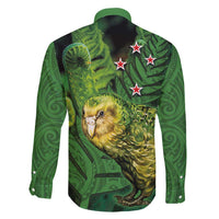 New Zealand Kākāpō Family Matching Summer Maxi Dress and Hawaiian Shirt Silver Fern with Close up of Green Fern Leaves and Maori Tattoo