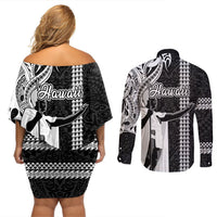 Hawaii Lanai Island Couples Matching Off Shoulder Short Dress and Long Sleeve Button Shirts Hawaiian King and Kakau Symbols Abstract Shoulder Tattoo LT03 - Polynesian Pride