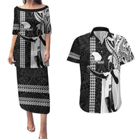 Hawaii Lanai Island Couples Matching Puletasi Dress and Hawaiian Shirt Hawaiian King and Kakau Symbols Abstract Shoulder Tattoo LT03 Black - Polynesian Pride