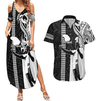 Hawaii Lanai Island Couples Matching Summer Maxi Dress and Hawaiian Shirt Hawaiian King and Kakau Symbols Abstract Shoulder Tattoo LT03 Black - Polynesian Pride