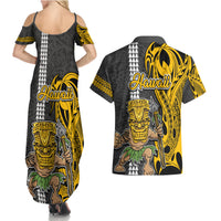 Hawaii Molokai Island Couples Matching Summer Maxi Dress and Hawaiian Shirt Hawaiian Warrior and Kakau Symbols Abstract Tattoo LT03 - Polynesian Pride