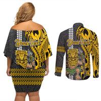 Custom Hawaii Molokai Island Couples Matching Off Shoulder Short Dress and Long Sleeve Button Shirts Hawaiian Warrior and Kakau Symbols Abstract Tattoo LT03 - Polynesian Pride