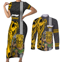 Custom Hawaii Molokai Island Couples Matching Short Sleeve Bodycon Dress and Long Sleeve Button Shirts Hawaiian Warrior and Kakau Symbols Abstract Tattoo LT03 Yellow - Polynesian Pride
