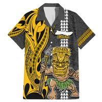 Custom Hawaii Molokai Island Family Matching Mermaid Dress and Hawaiian Shirt Hawaiian Warrior and Kakau Symbols Abstract Tattoo LT03 Dad's Shirt - Short Sleeve Yellow - Polynesian Pride