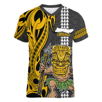 Custom Hawaii Molokai Island Women V Neck T Shirt Hawaiian Warrior and Kakau Symbols Abstract Tattoo LT03 Female Yellow - Polynesian Pride