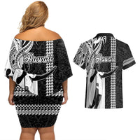 Hawaii Molokai Island Couples Matching Off Shoulder Short Dress and Hawaiian Shirt Hawaiian King and Kakau Symbols Abstract Shoulder Tattoo LT03 - Polynesian Pride