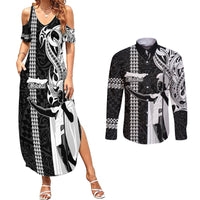 Hawaii Molokai Island Couples Matching Summer Maxi Dress and Long Sleeve Button Shirts Hawaiian King and Kakau Symbols Abstract Shoulder Tattoo LT03 Black - Polynesian Pride
