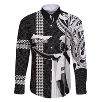 Hawaii Molokai Island Family Matching Off Shoulder Maxi Dress and Hawaiian Shirt Hawaiian King and Kakau Symbols Abstract Shoulder Tattoo LT03 Dad's Shirt - Long Sleeve Black - Polynesian Pride