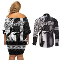 Custom Hawaii Molokai Island Couples Matching Off Shoulder Short Dress and Long Sleeve Button Shirts Hawaiian King and Kakau Symbols Abstract Shoulder Tattoo LT03 - Polynesian Pride